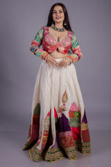 Pearl White Cotton Patch Worked Lehenga with Lace Work