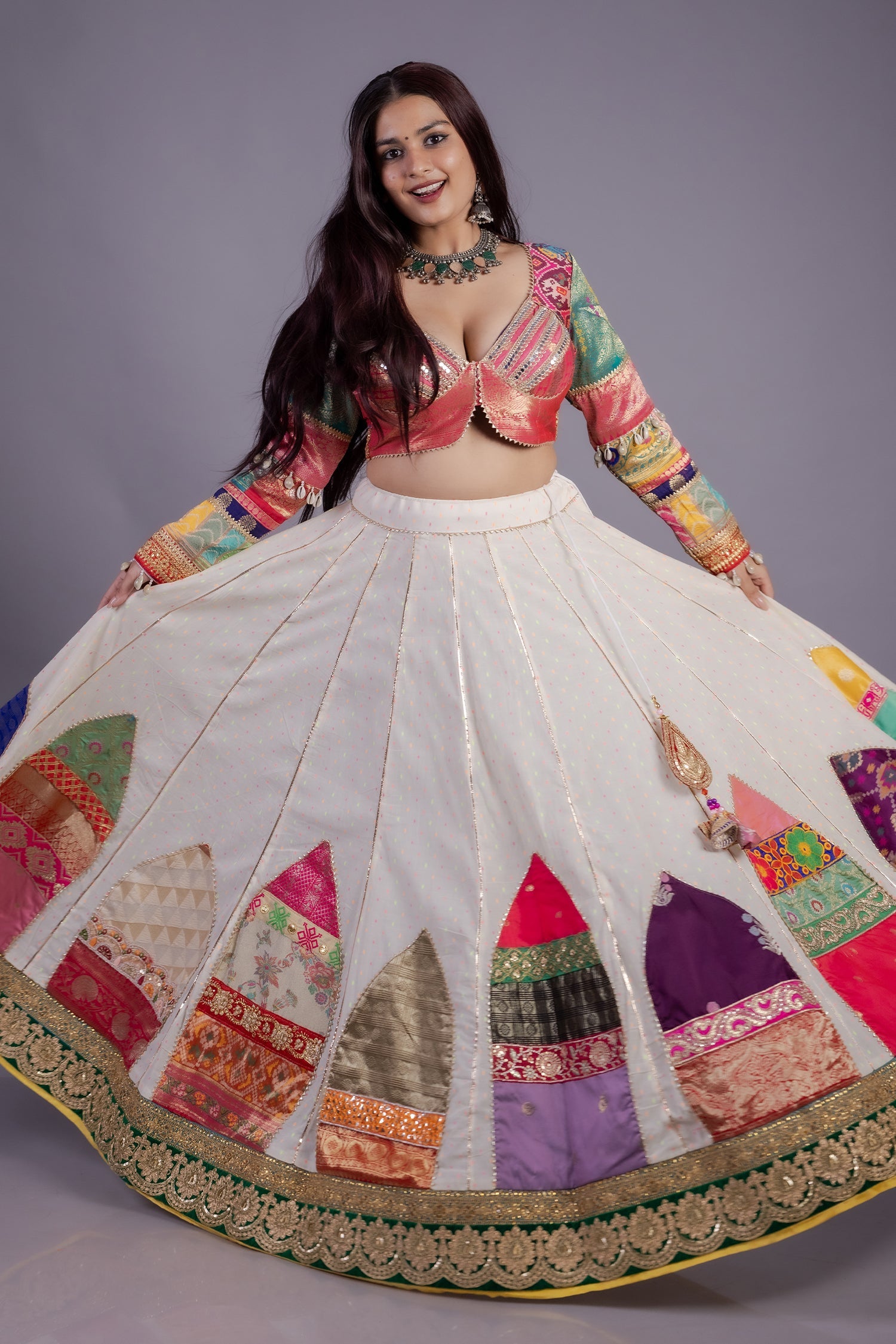 Pearl White Cotton Patch Worked Lehenga with Lace Work
