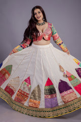 Pearl White Cotton Patch Worked Lehenga with Lace Work