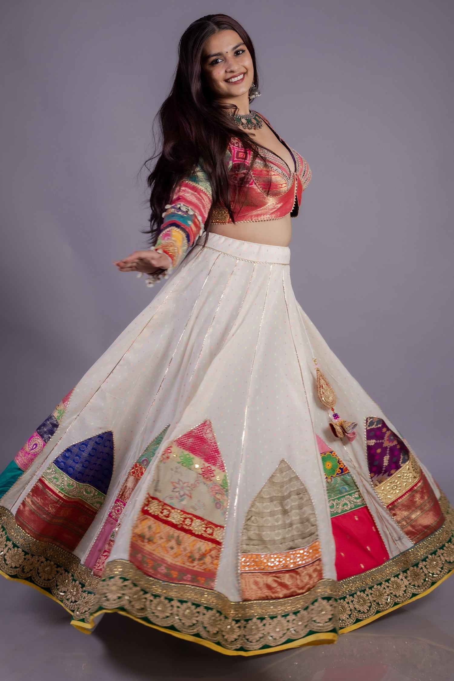 Pearl White Cotton Patch Worked Lehenga with Lace Work