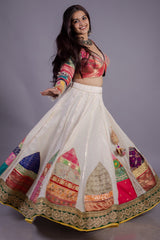 Pearl White Cotton Patch Worked Lehenga with Lace Work