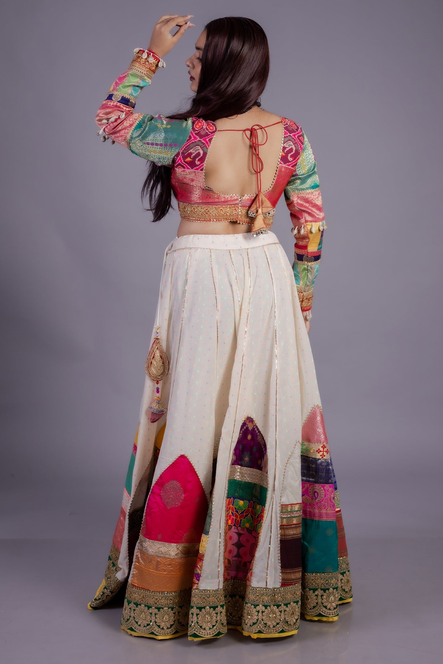 Pearl White Cotton Patch Worked Lehenga with Lace Work
