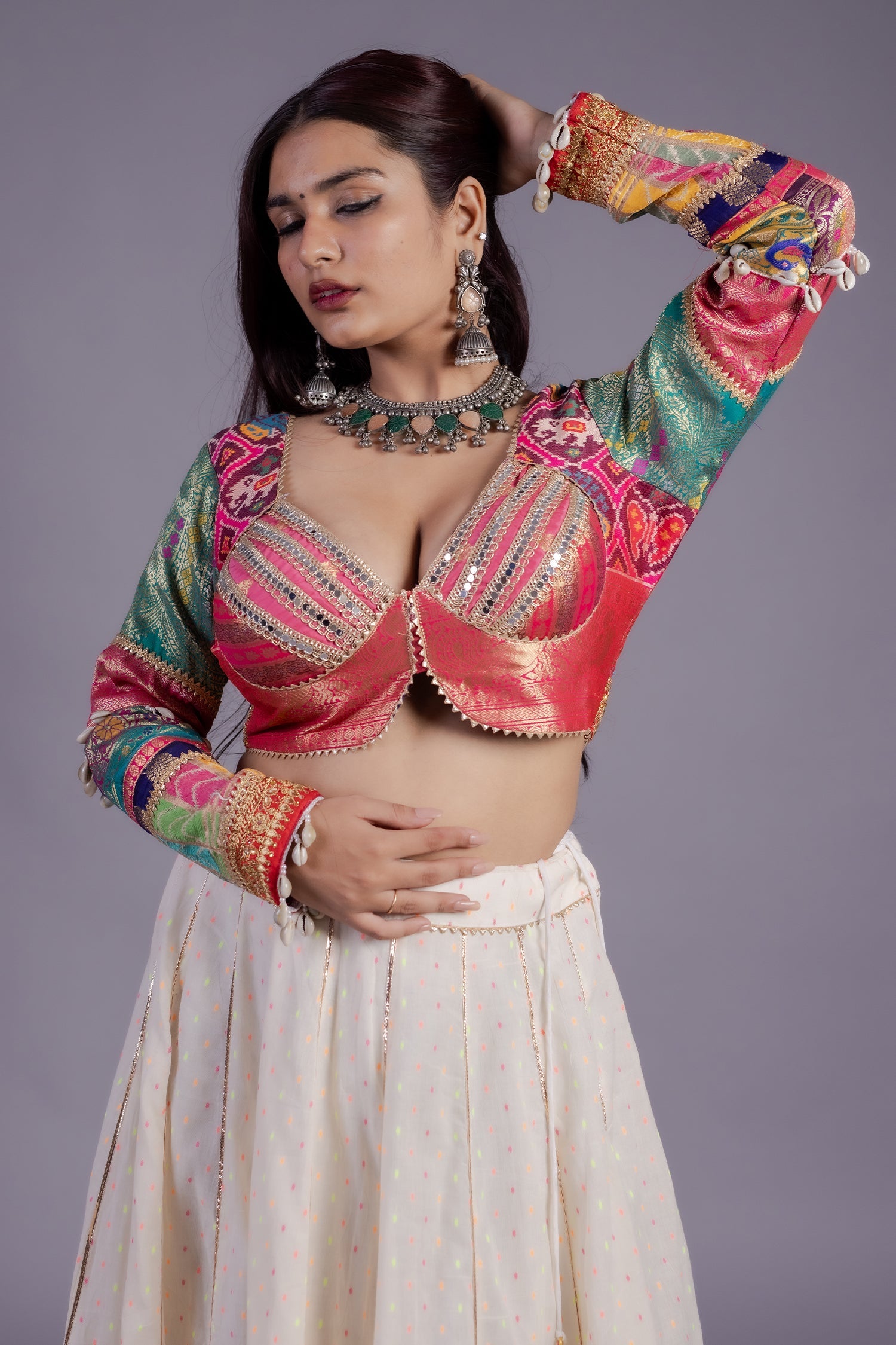 Pearl White Cotton Patch Worked Lehenga with Lace Work