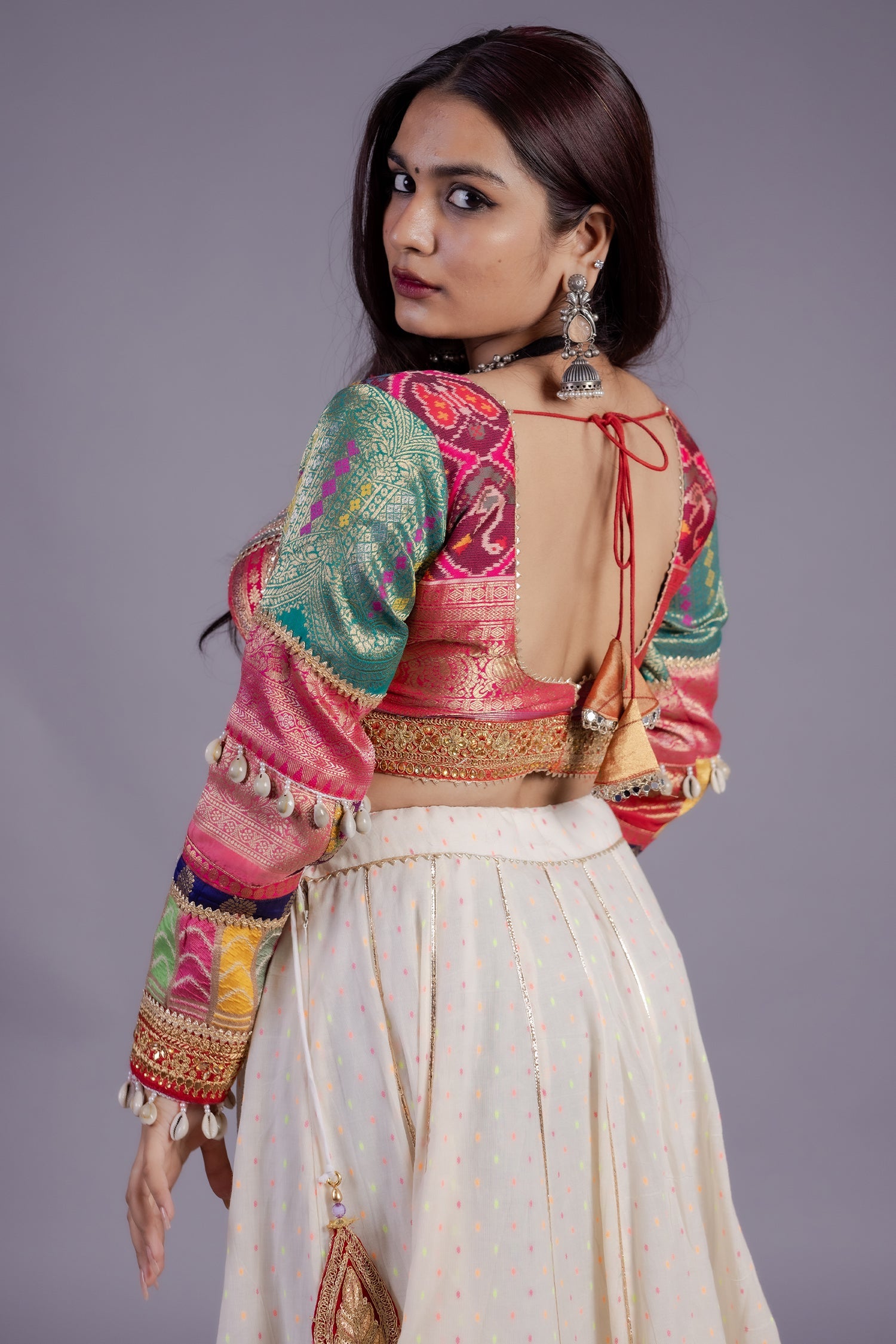 Pearl White Cotton Patch Worked Lehenga with Lace Work