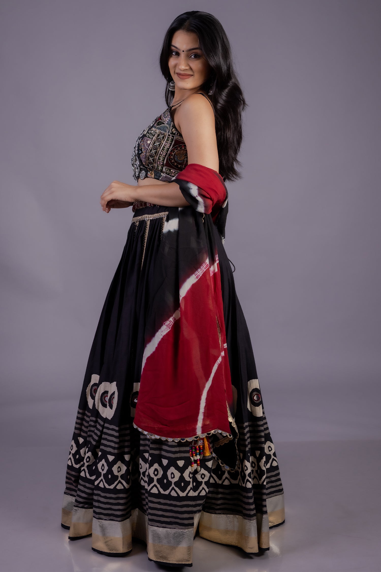 Black Cotton Printed Chaniya Choli with Lace Work