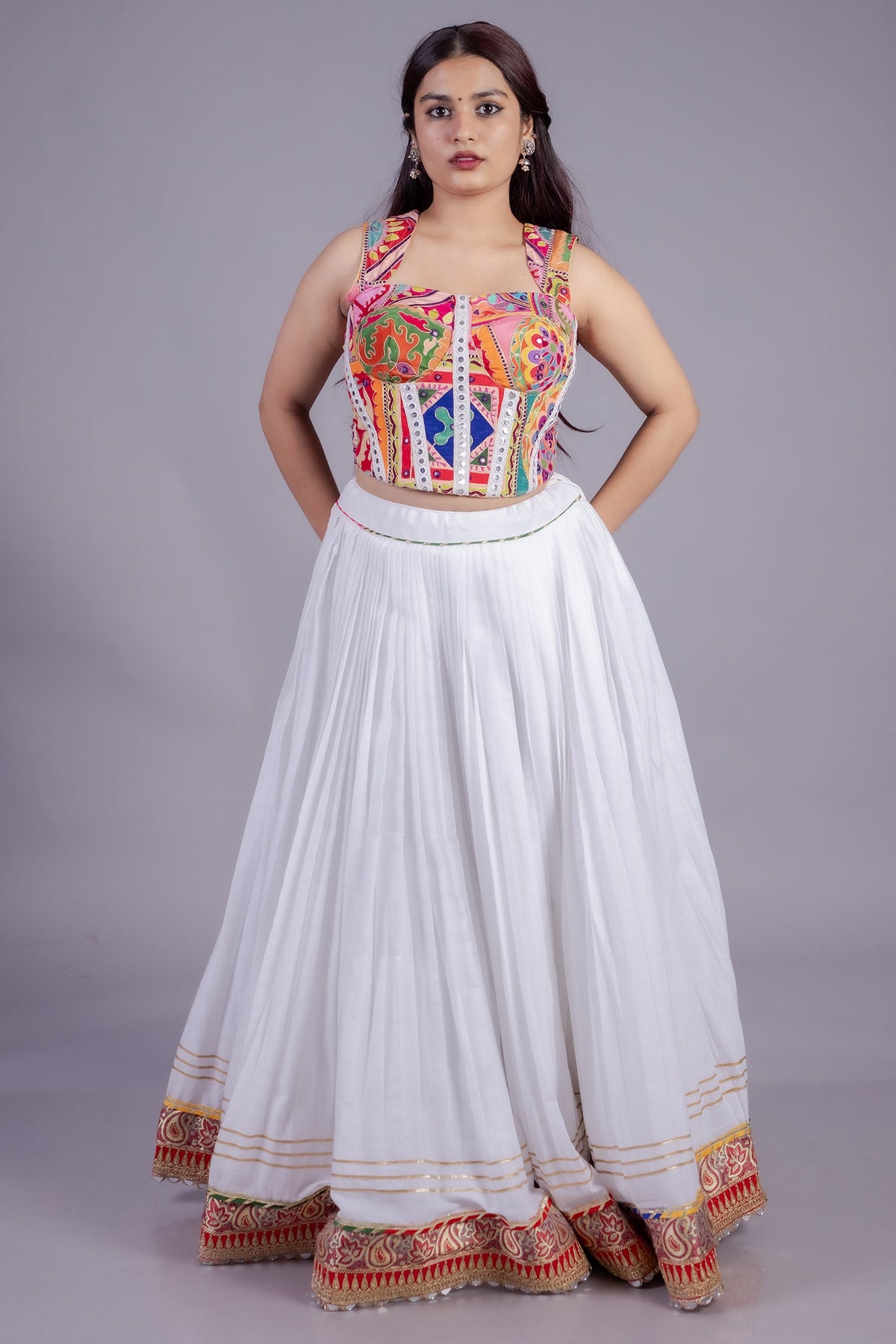 Pearl White Cotton Lace Worked Flared Lehenga with Corset