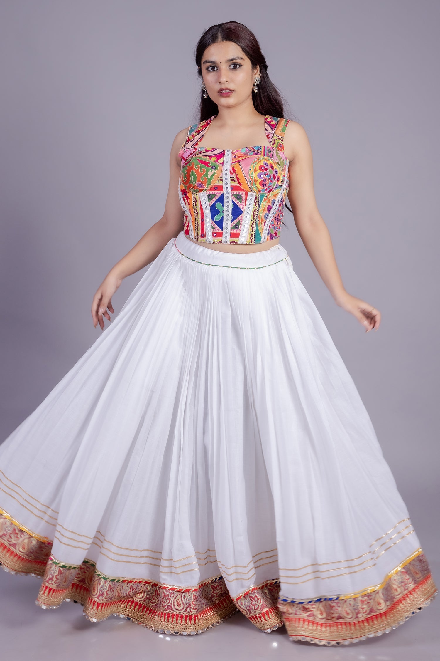 Pearl White Cotton Lace Worked Flared Lehenga with Corset