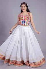 Pearl White Cotton Lace Worked Flared Lehenga with Corset