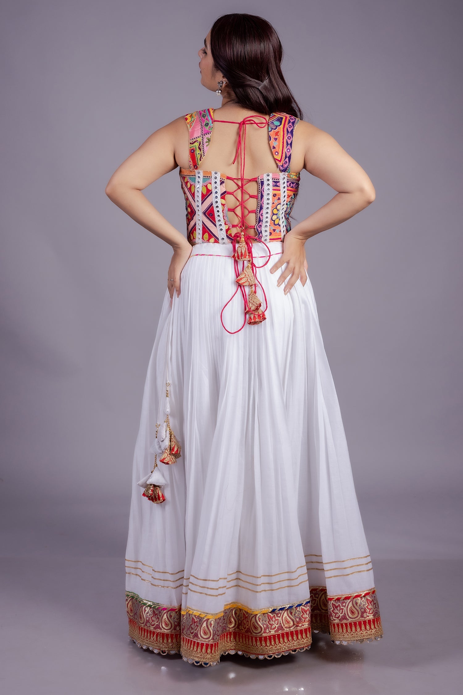Pearl White Cotton Lace Worked Flared Lehenga with Corset
