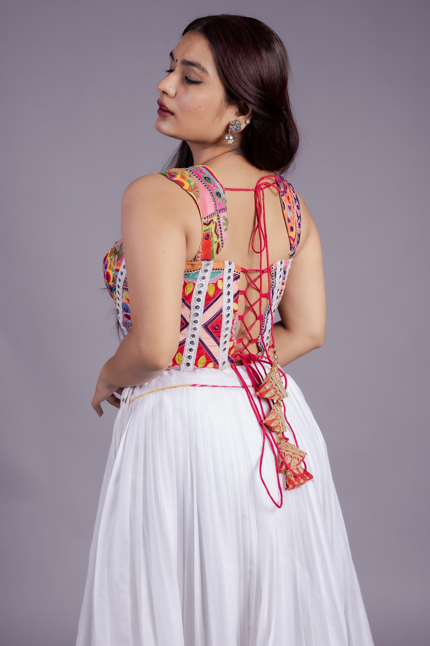 Pearl White Cotton Lace Worked Flared Lehenga with Corset