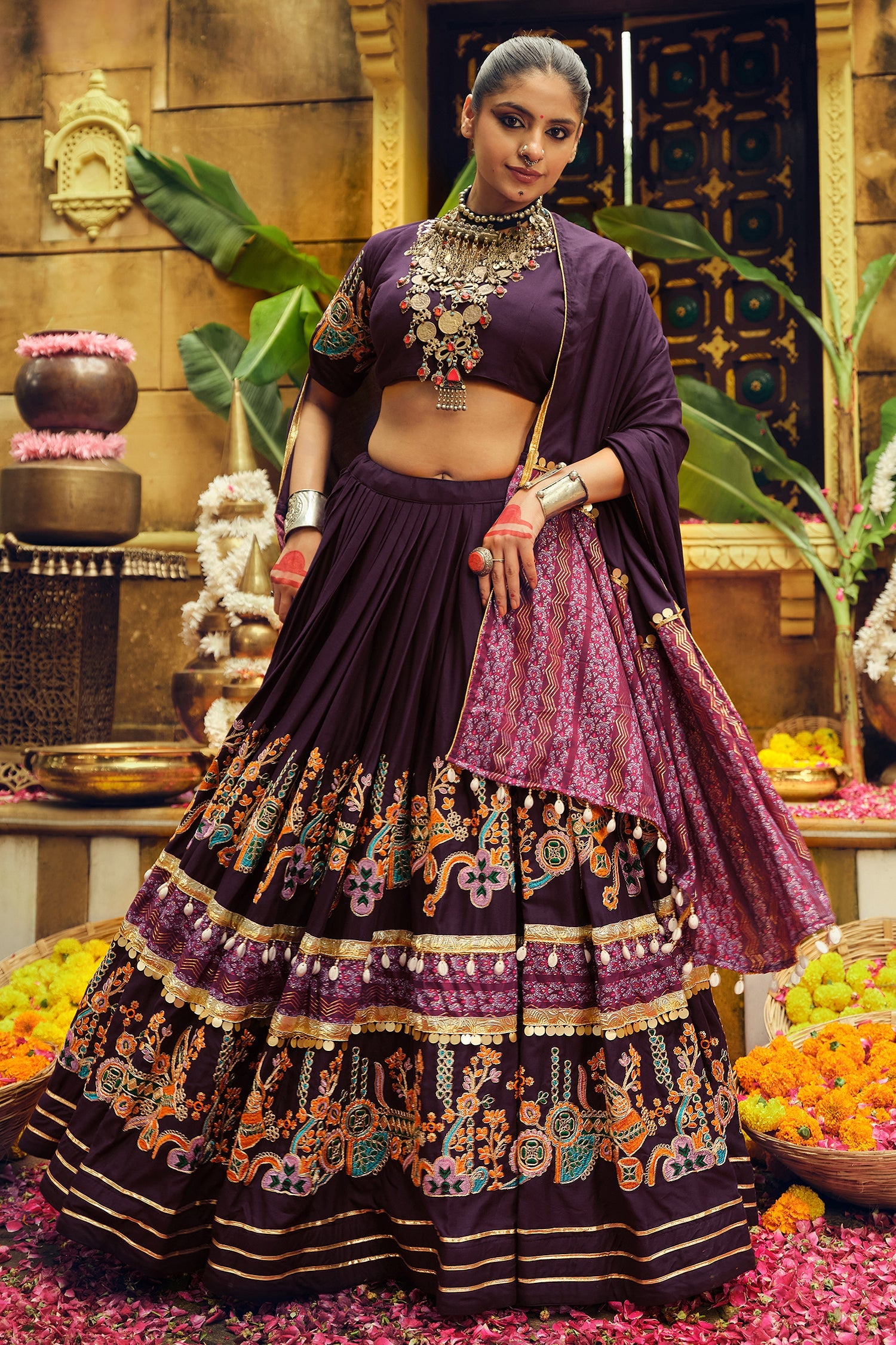 Purple Rayon Printed Chaniya Choli