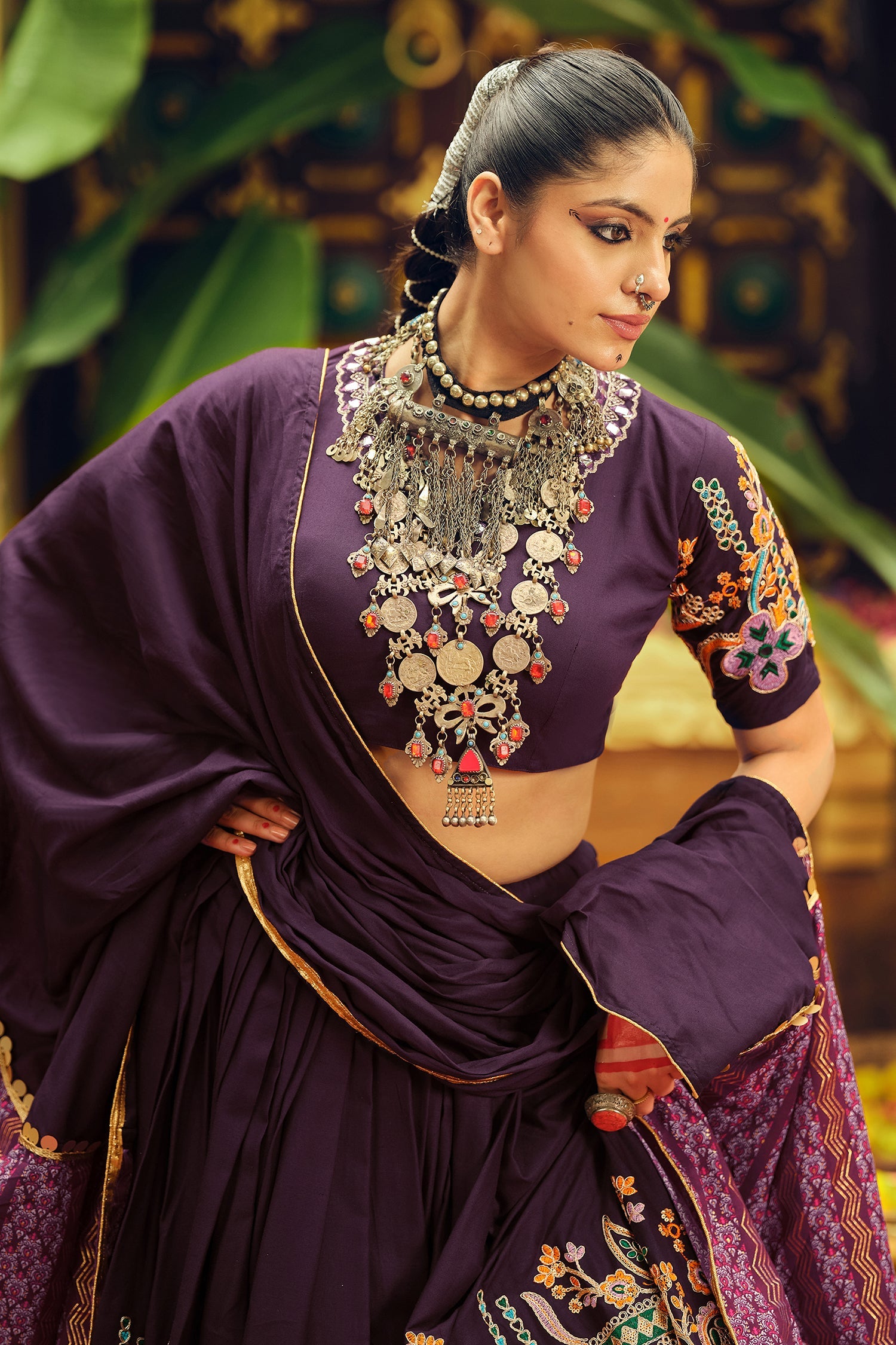 Purple Rayon Printed Chaniya Choli