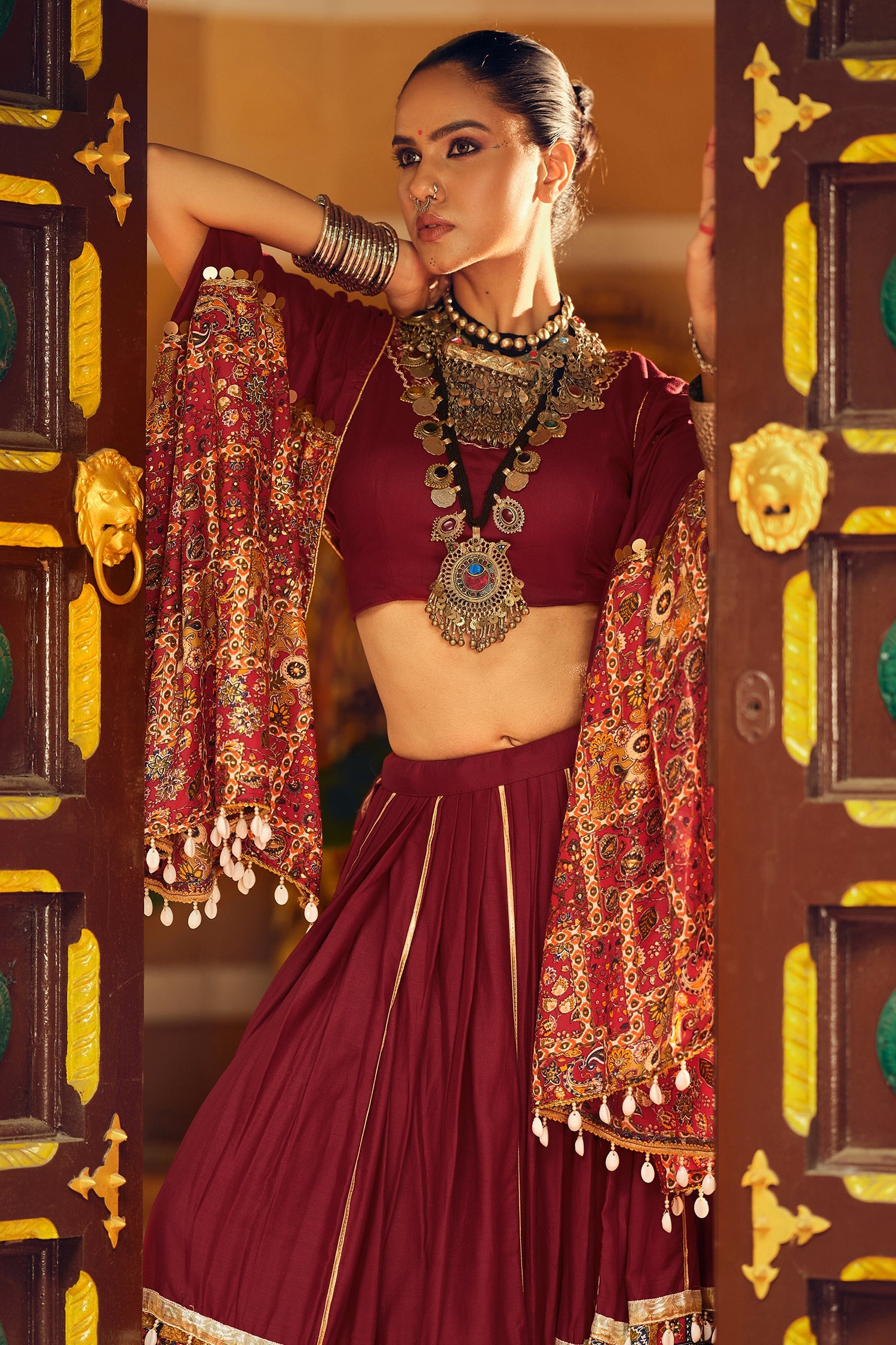 Maroon Rayon Printed Chaniya Choli
