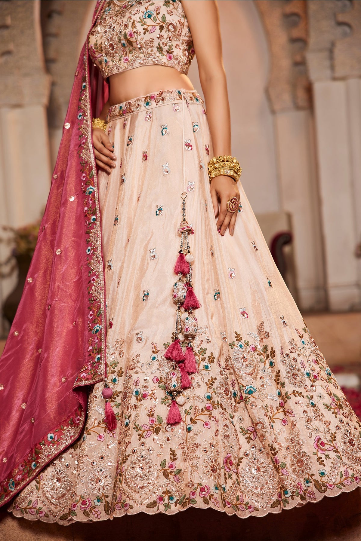Cream Tissue Sequins Embroidery Lehenga