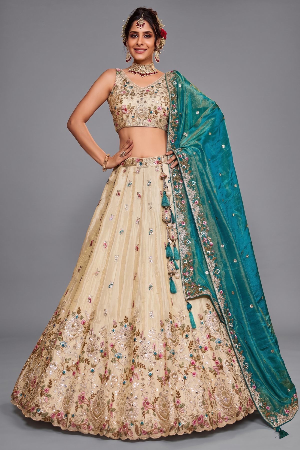 Cream Tissue Sequins Embroidery Lehenga