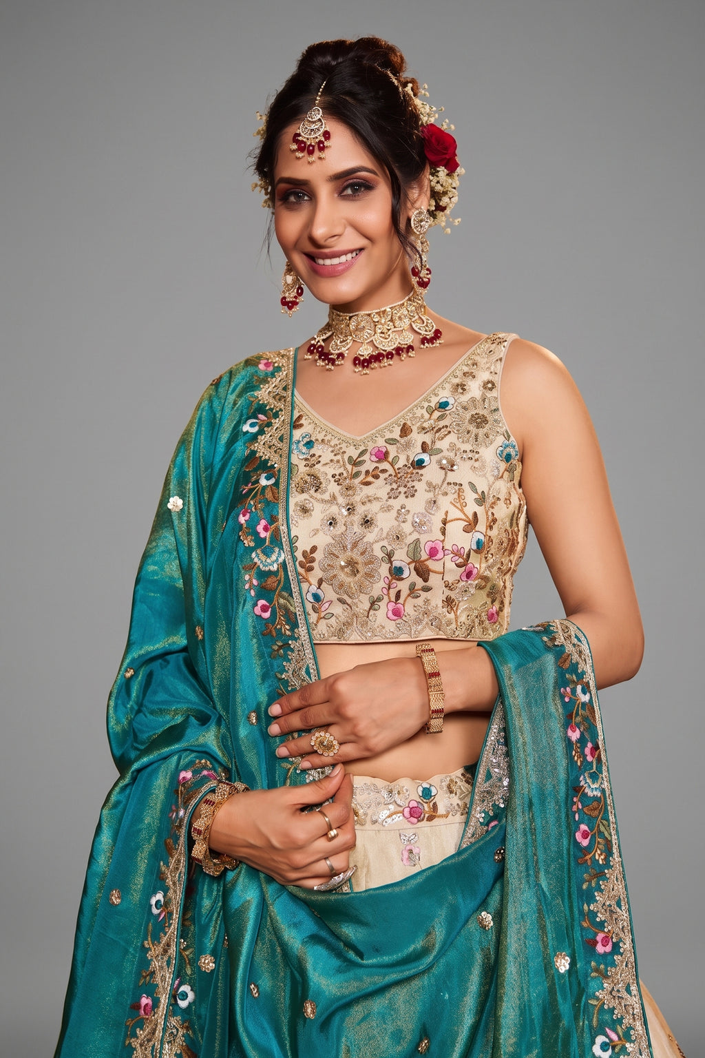 Cream Tissue Sequins Embroidery Lehenga