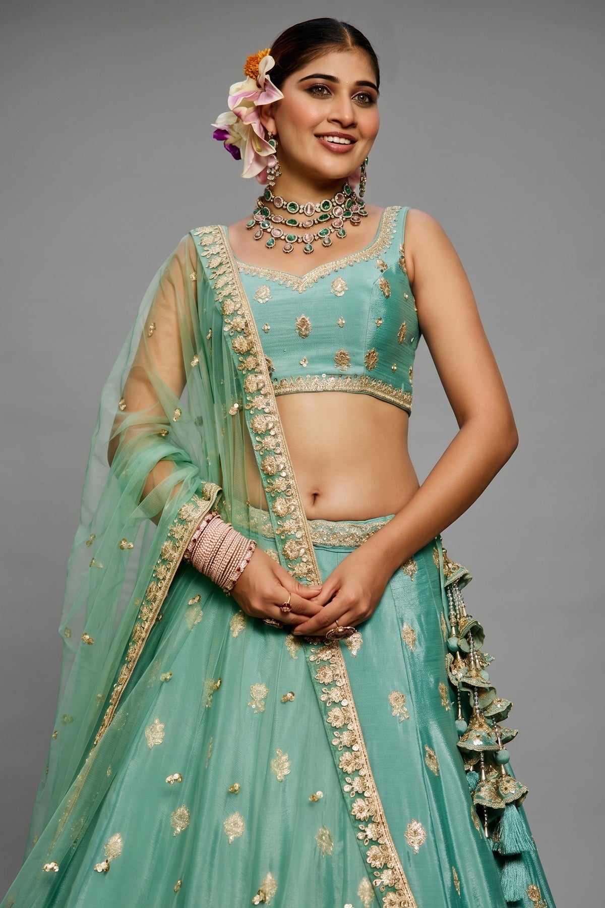 Sea Green Chinon Chiffon Sequins Embroidery Lehenga