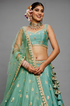 Sea Green Chinon Chiffon Sequins Embroidery Lehenga