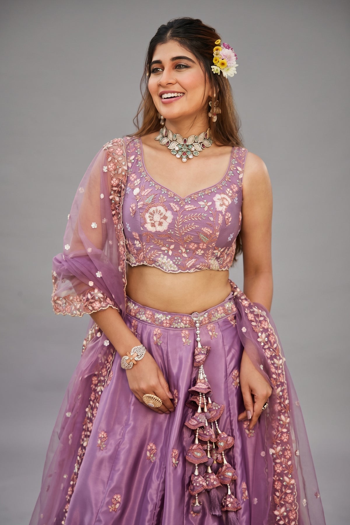 Mauve Purple Satin Floral Sequin Embroidered Lehenga