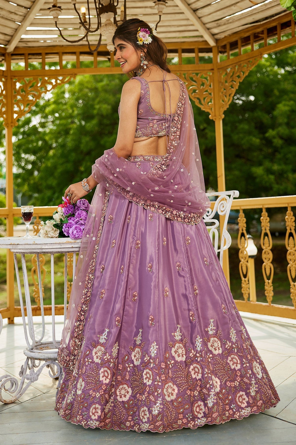 Mauve Purple Satin Floral Sequin Embroidered Lehenga