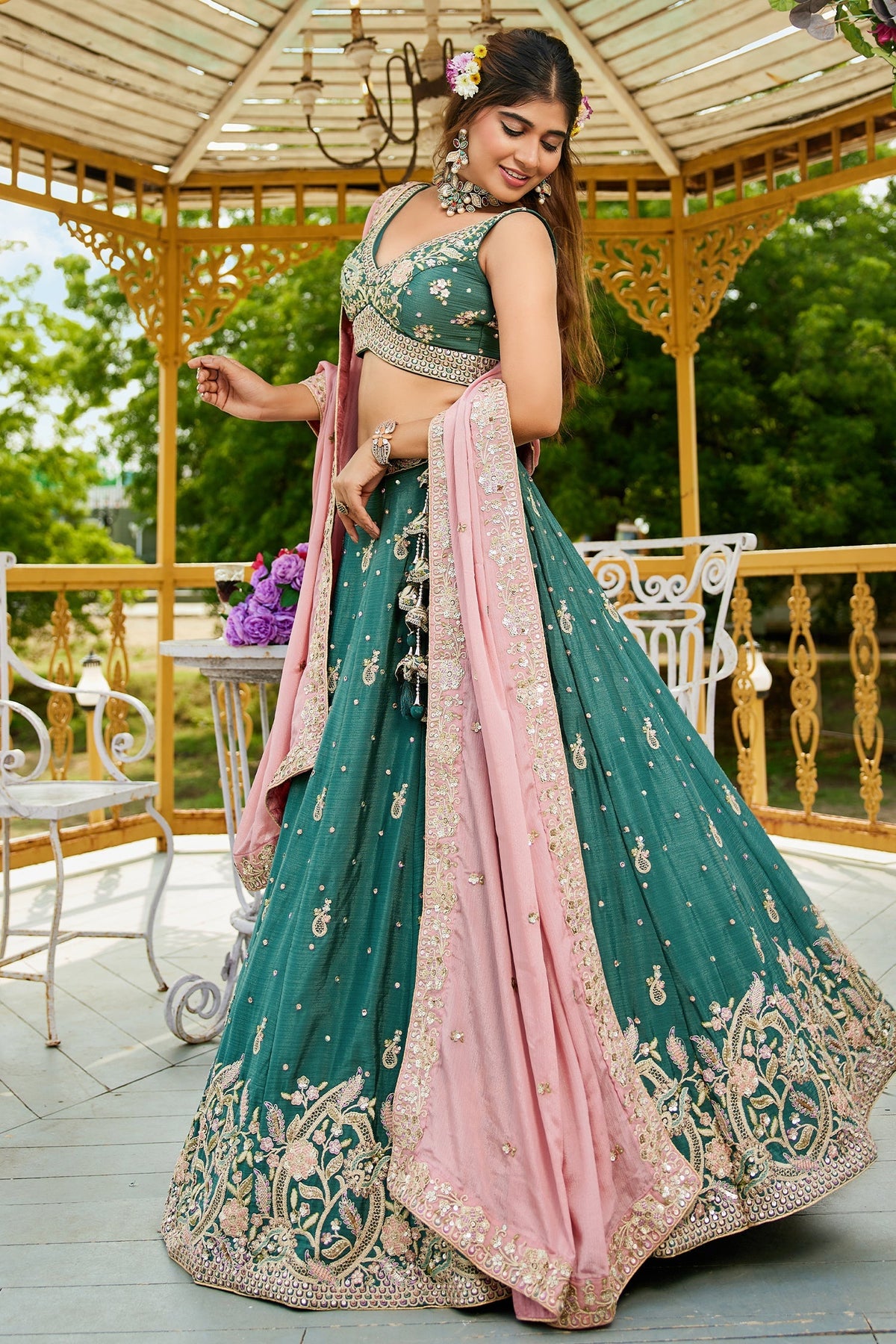 Teal Green Chinon Sequin Embroidery Lehenga