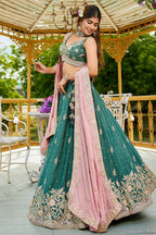Teal Green Chinon Sequin Embroidery Lehenga