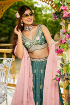 Teal Green Chinon Sequin Embroidery Lehenga