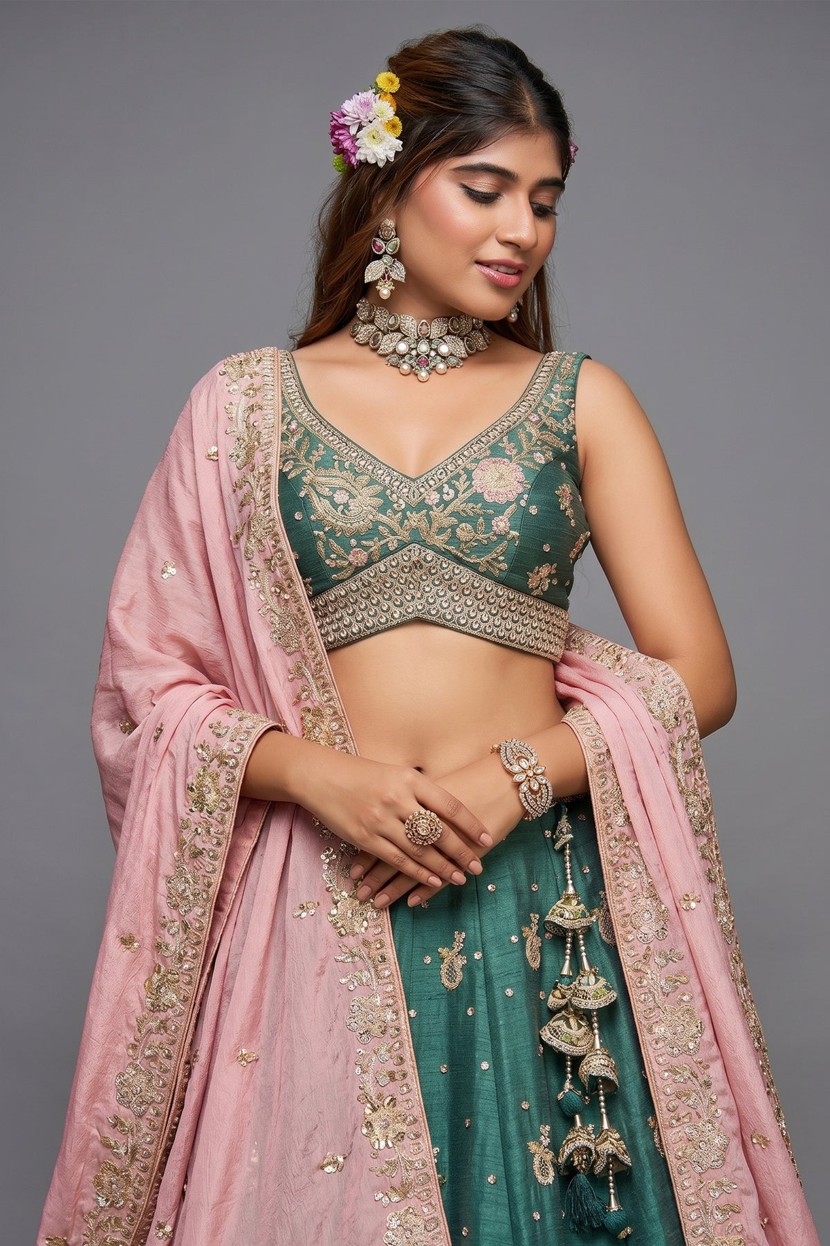 Teal Green Chinon Sequin Embroidery Lehenga