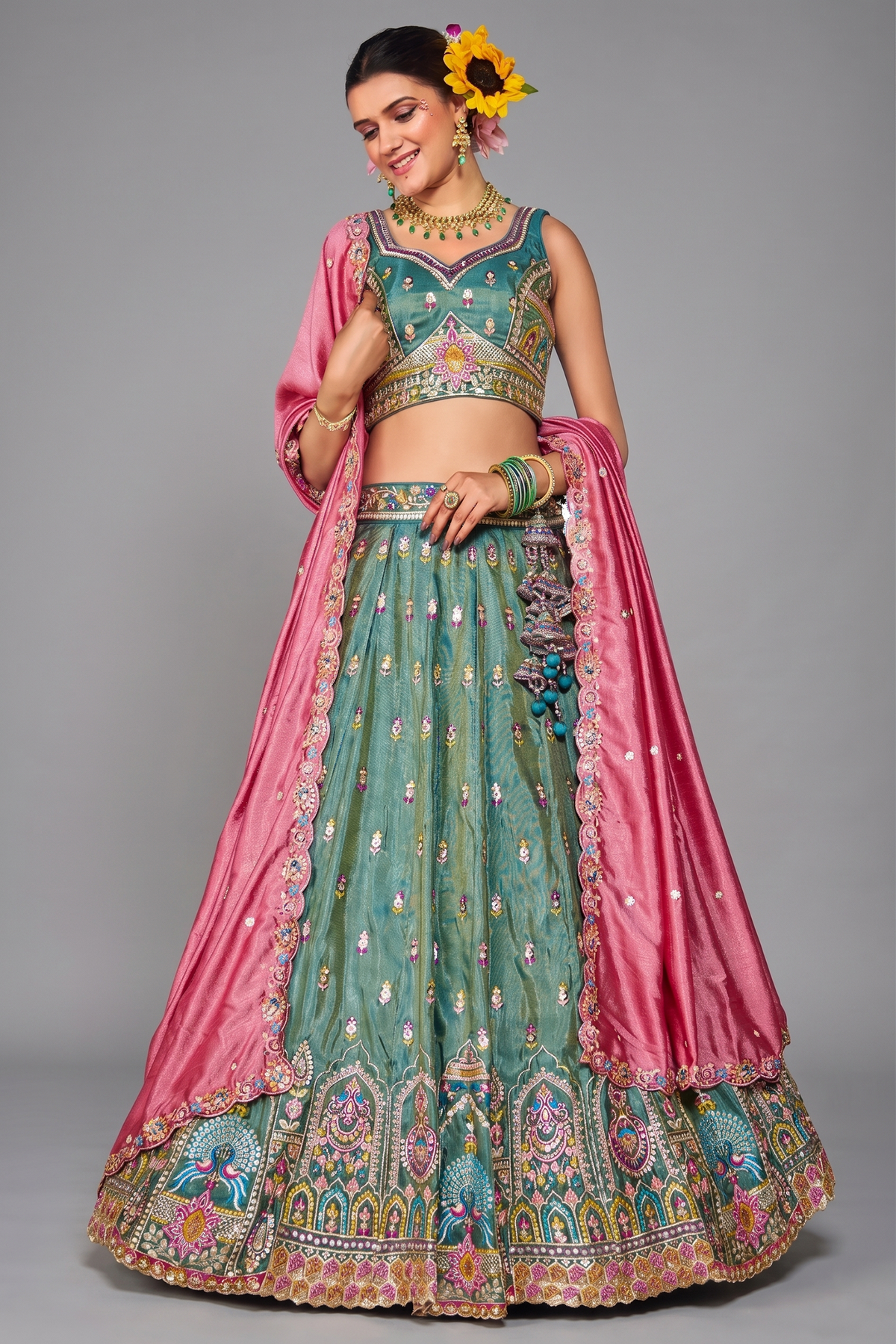 Sea Green Tissue Sequin Embroidery Lehenga