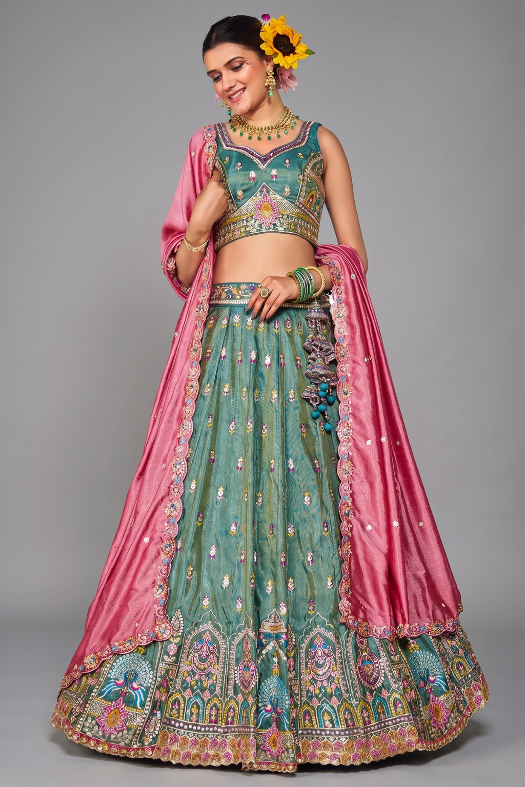 Sea Green Tissue Sequin Embroidery Lehenga
