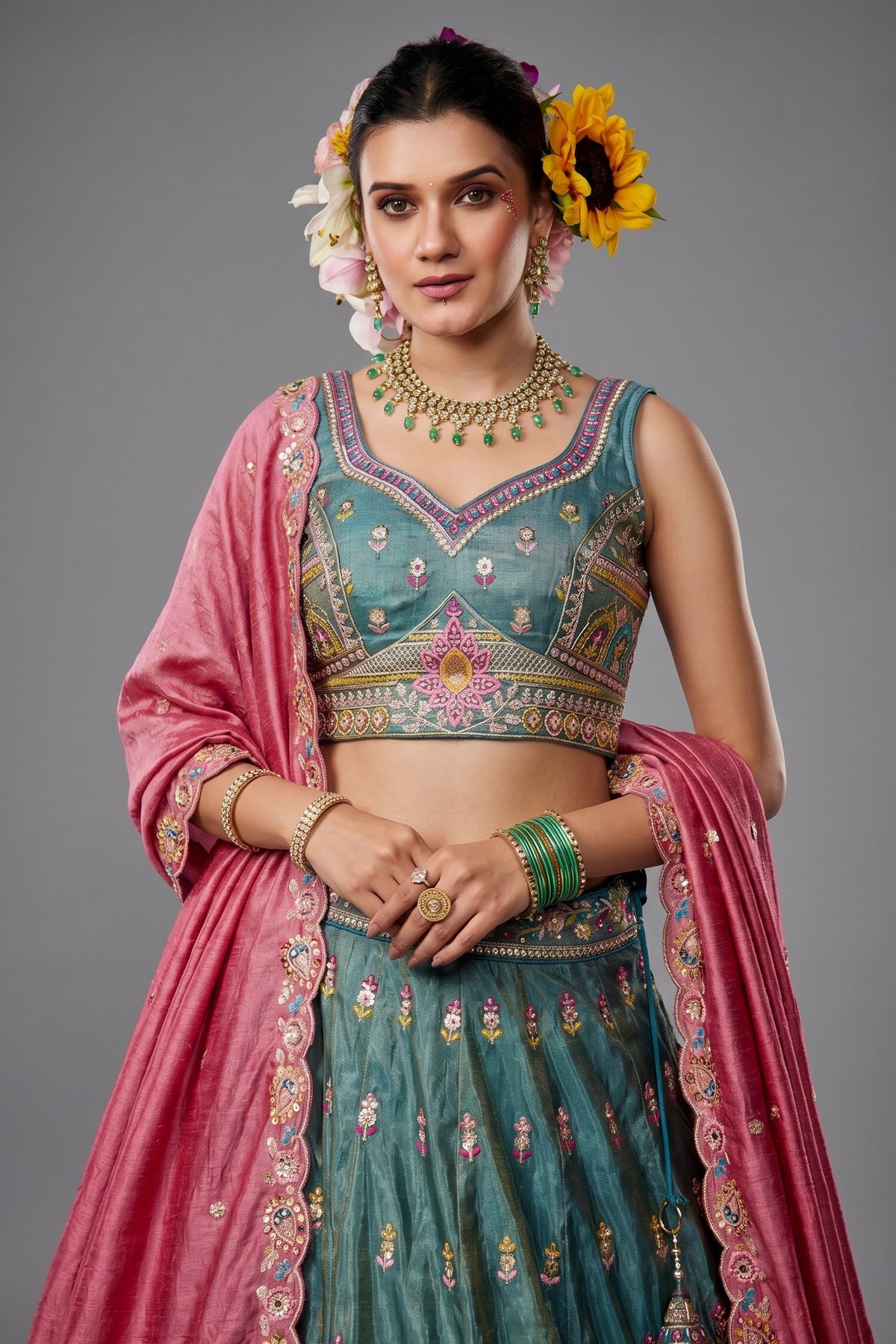 Sea Green Tissue Sequin Embroidery Lehenga