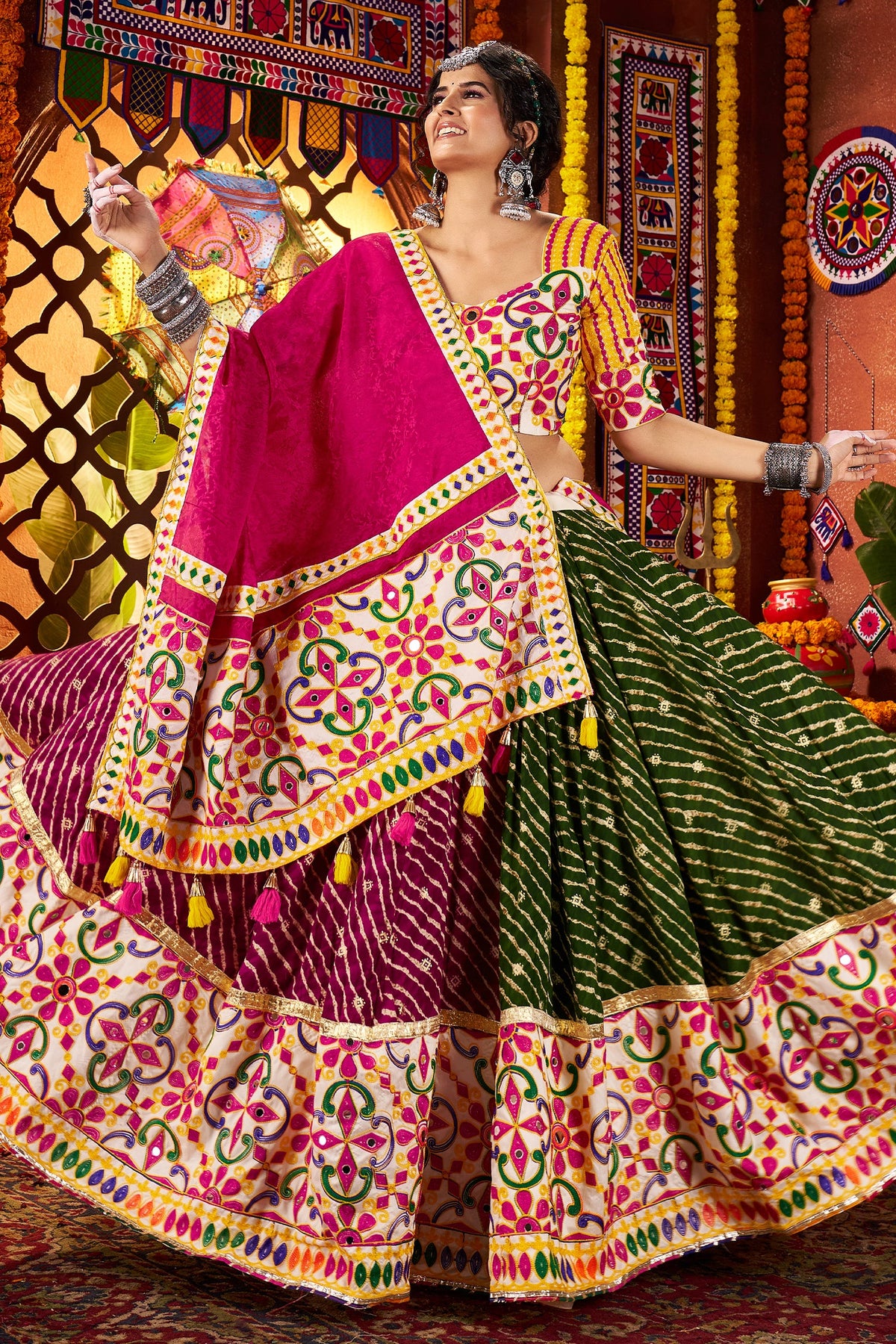 Multi Color Flared Georgette Chaniya Choli with Mirror and Leheriya Print Work