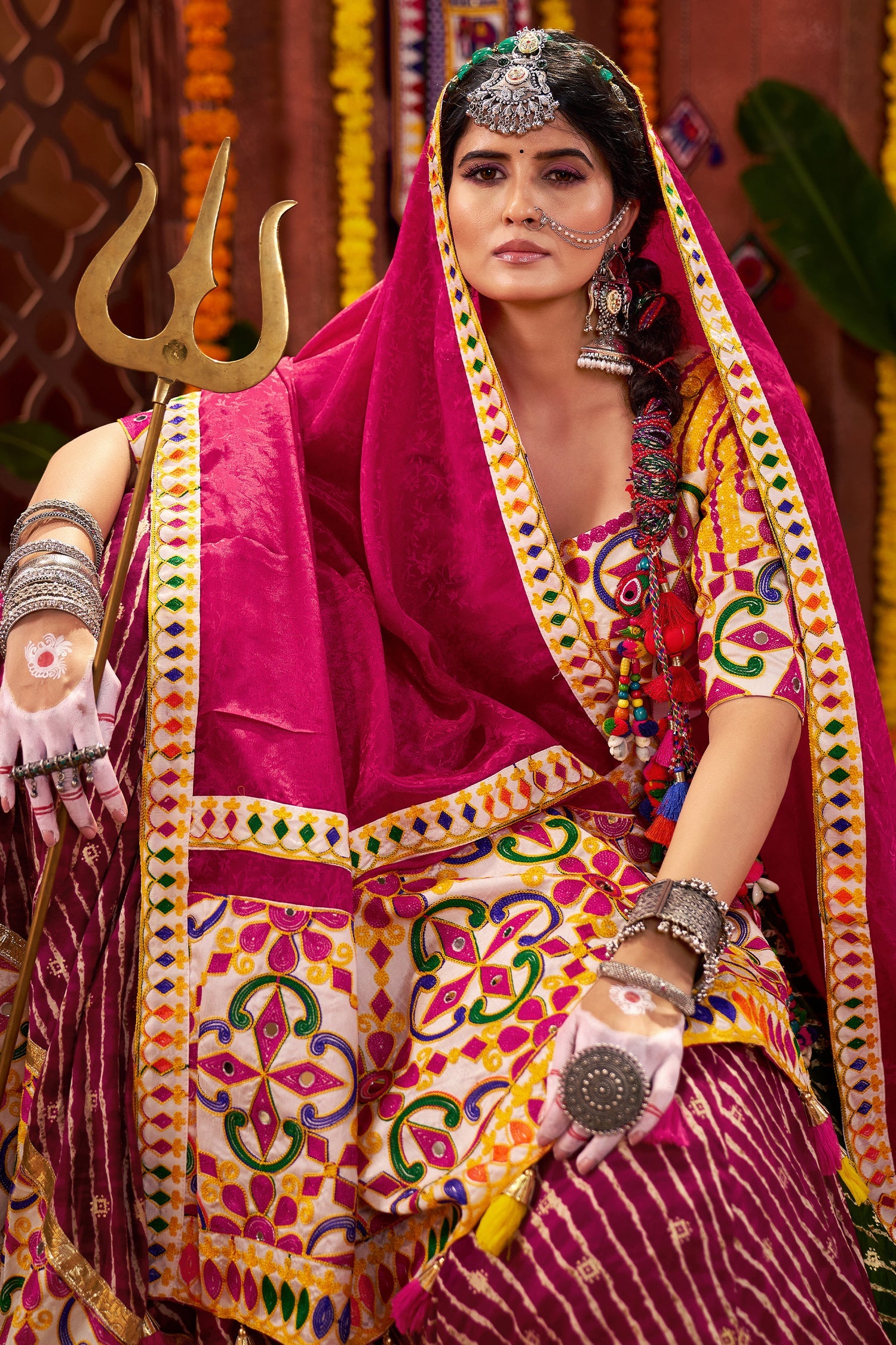 Multi Color Flared Georgette Chaniya Choli with Mirror and Leheriya Print Work