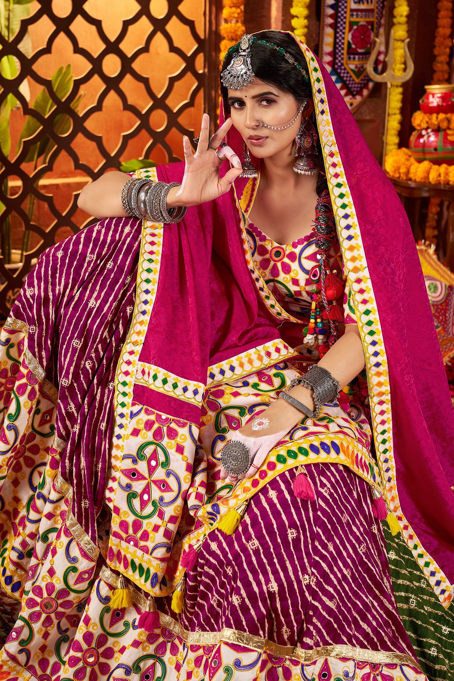 Multi Color Flared Georgette Chaniya Choli with Mirror and Leheriya Print Work