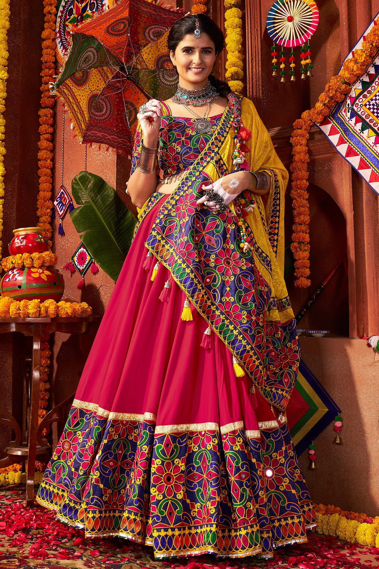 Pink and Yellow Viscose Cotton Kachchi Worked Chaniya Choli