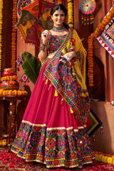 Pink and Yellow Viscose Cotton Kachchi Worked Chaniya Choli
