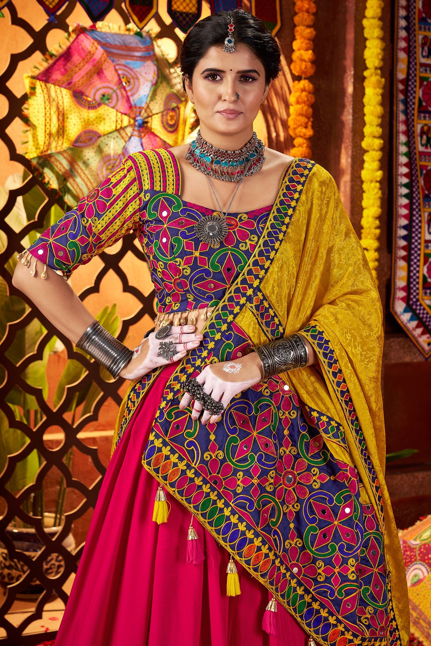 Pink and Yellow Viscose Cotton Kachchi Worked Chaniya Choli