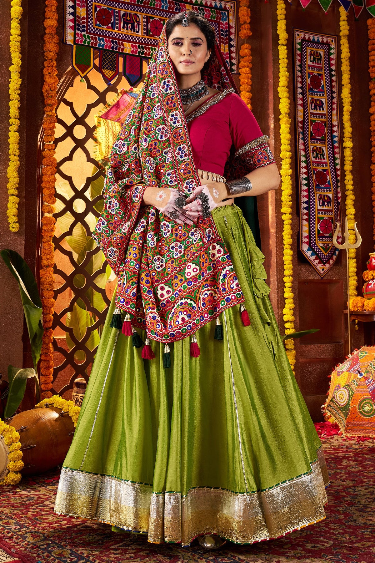 Fluorescent Green Silk Flared Chaniya with Kachchi Worked Dupatta