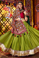 Fluorescent Green Silk Flared Chaniya with Kachchi Worked Dupatta