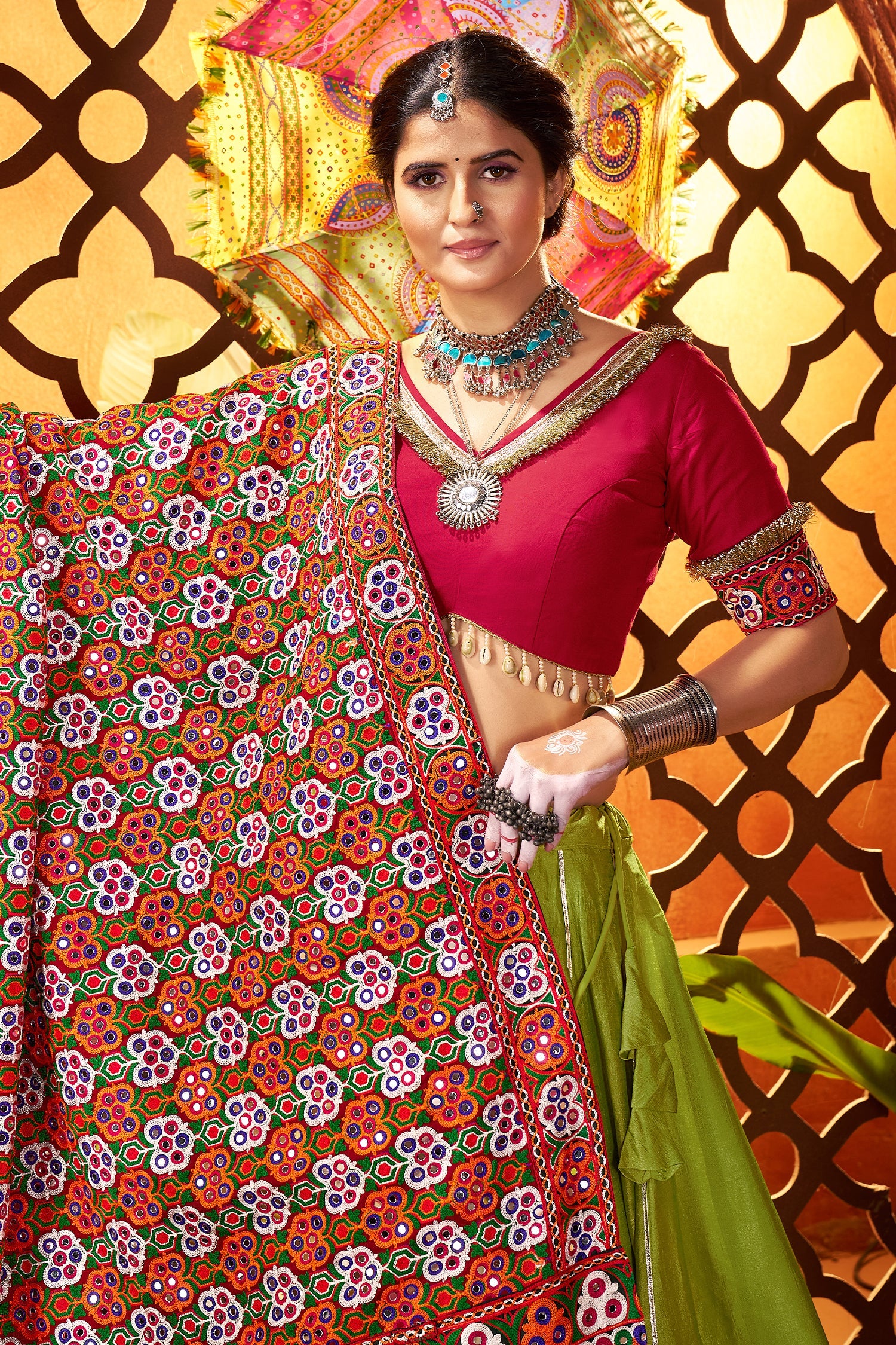 Fluorescent Green Silk Flared Chaniya with Kachchi Worked Dupatta