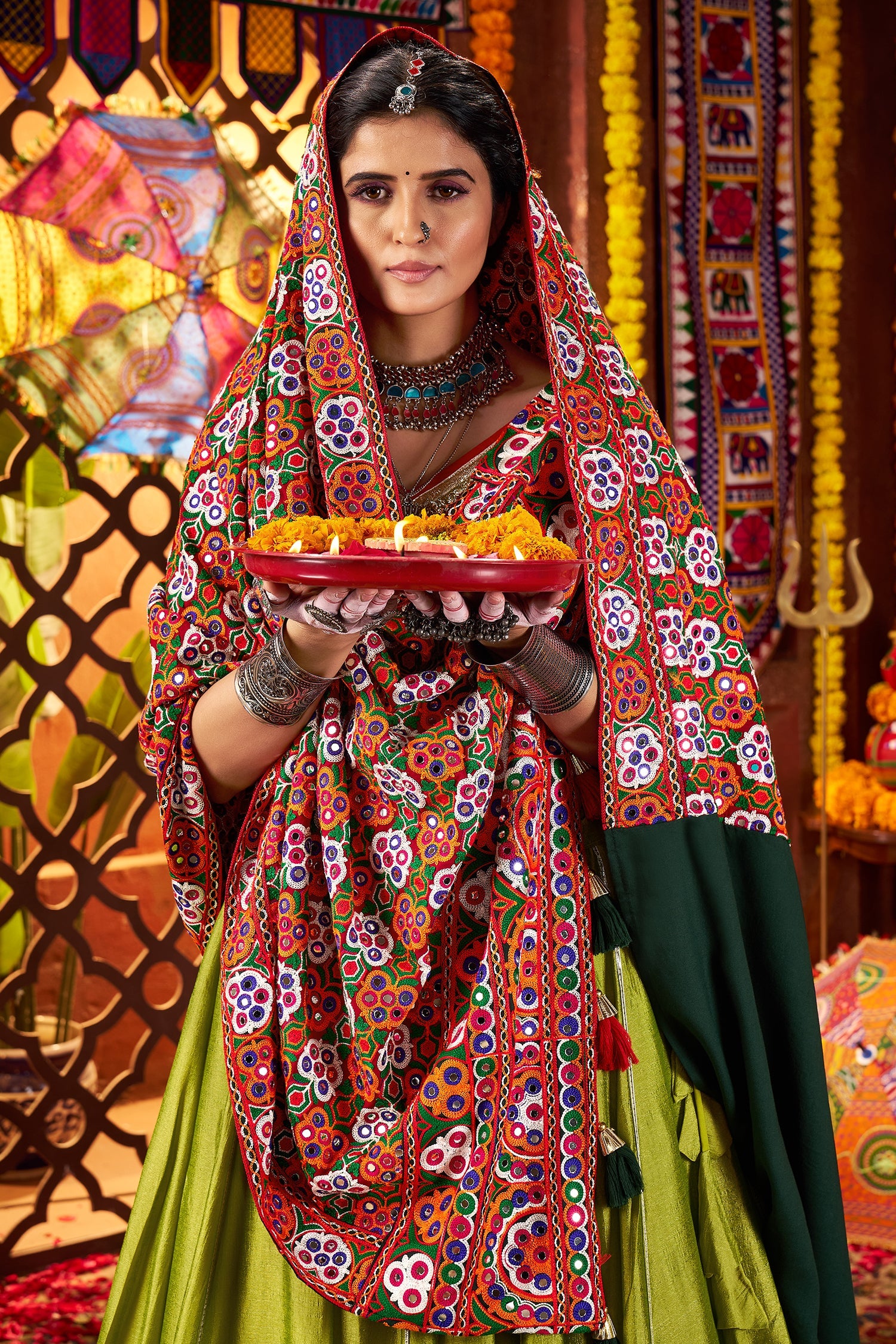 Fluorescent Green Silk Flared Chaniya with Kachchi Worked Dupatta