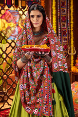 Fluorescent Green Silk Flared Chaniya with Kachchi Worked Dupatta