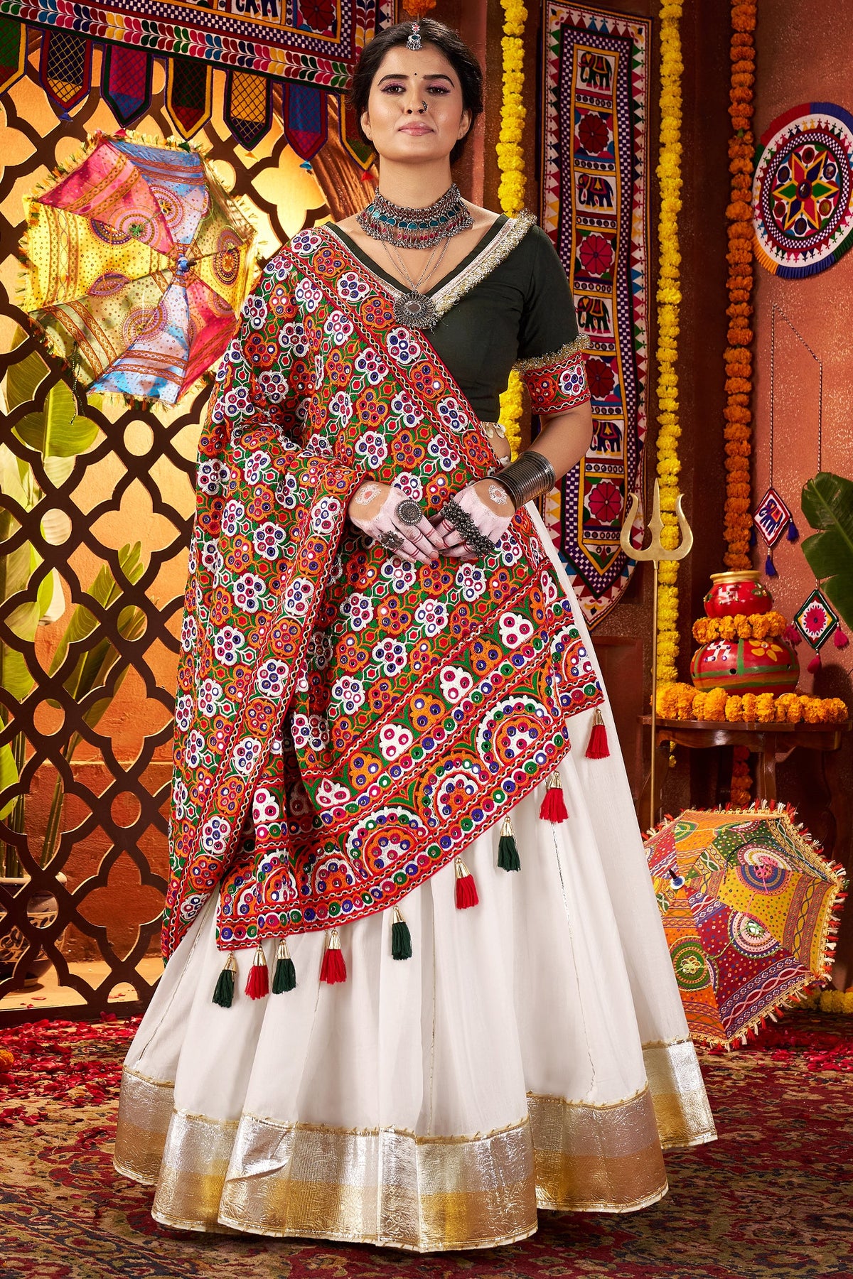 Off White Silk Flared Chaniya with Kachchi Worked Dupatta