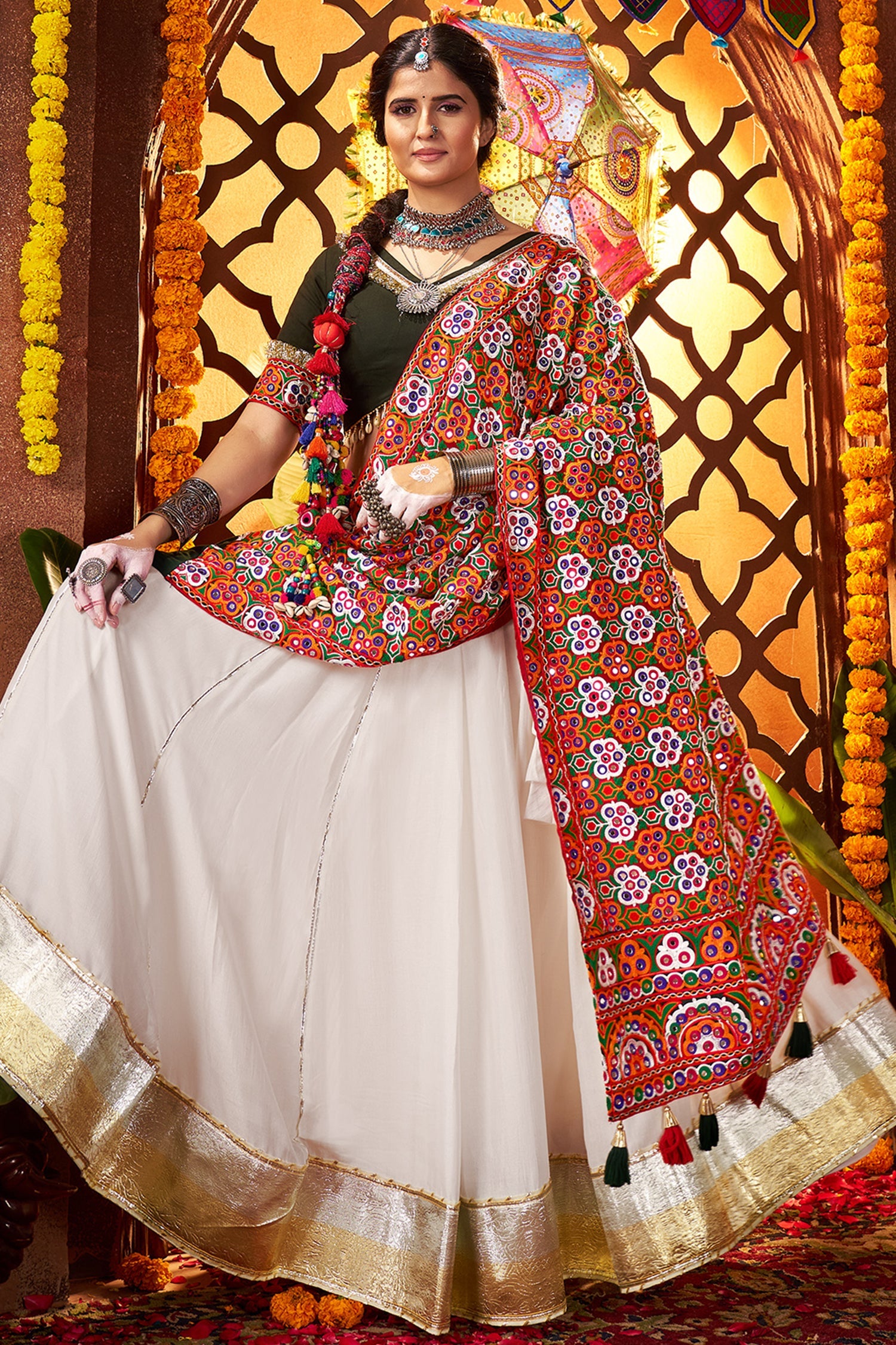Off White Silk Flared Chaniya with Kachchi Worked Dupatta