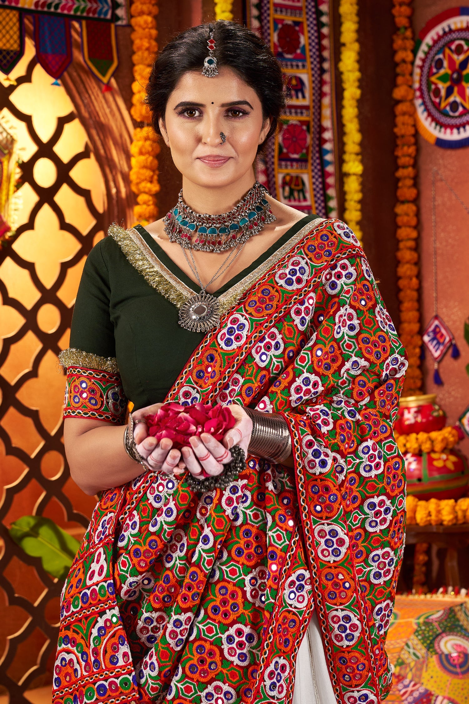 Off White Silk Flared Chaniya with Kachchi Worked Dupatta