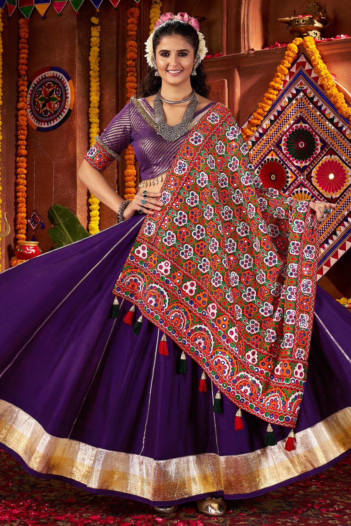 Purple Silk Flared Chaniya with Kachchi Worked Dupatta
