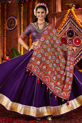 Purple Silk Flared Chaniya with Kachchi Worked Dupatta