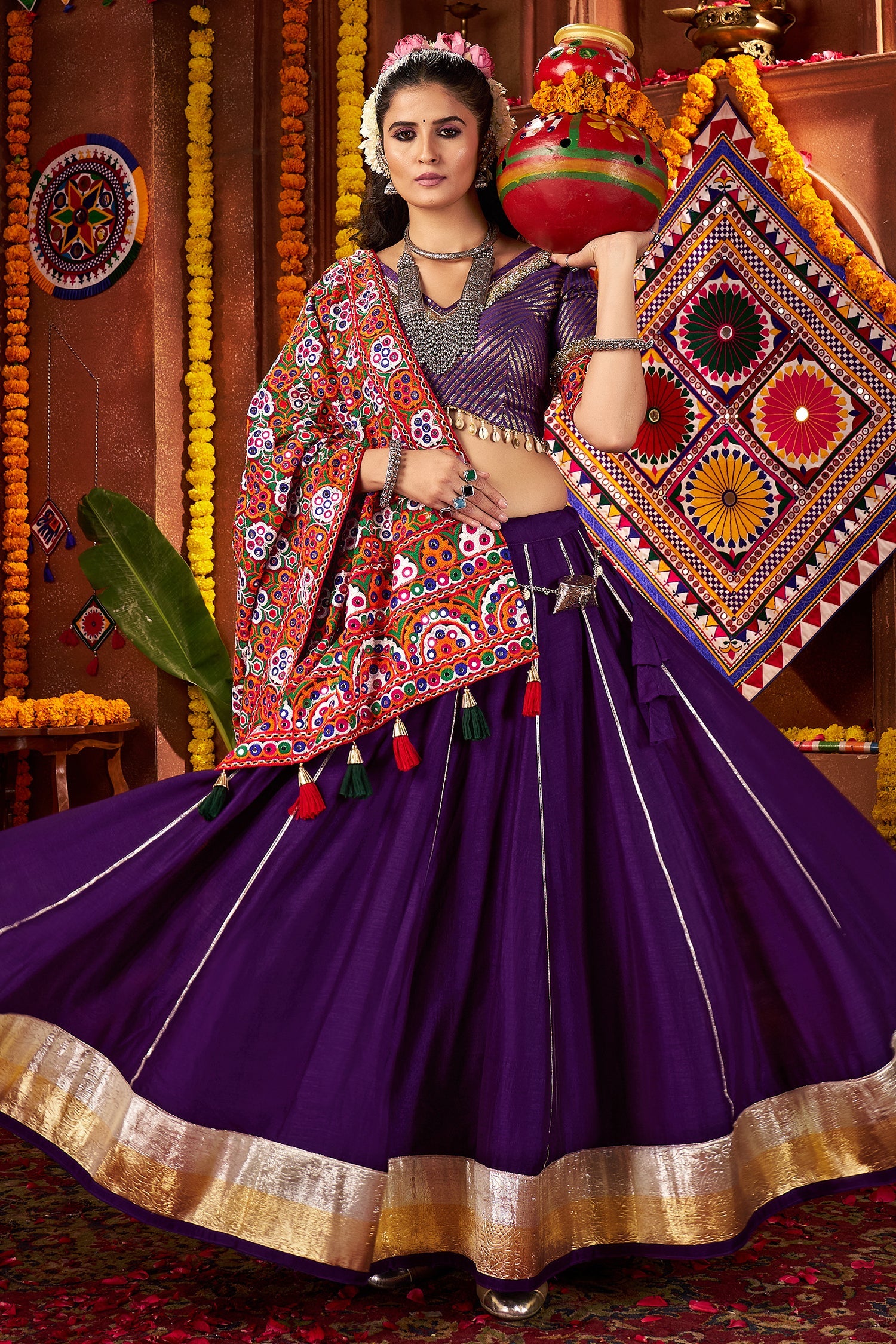 Purple Silk Flared Chaniya with Kachchi Worked Dupatta