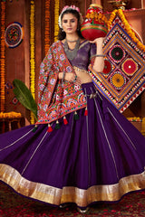Purple Silk Flared Chaniya with Kachchi Worked Dupatta