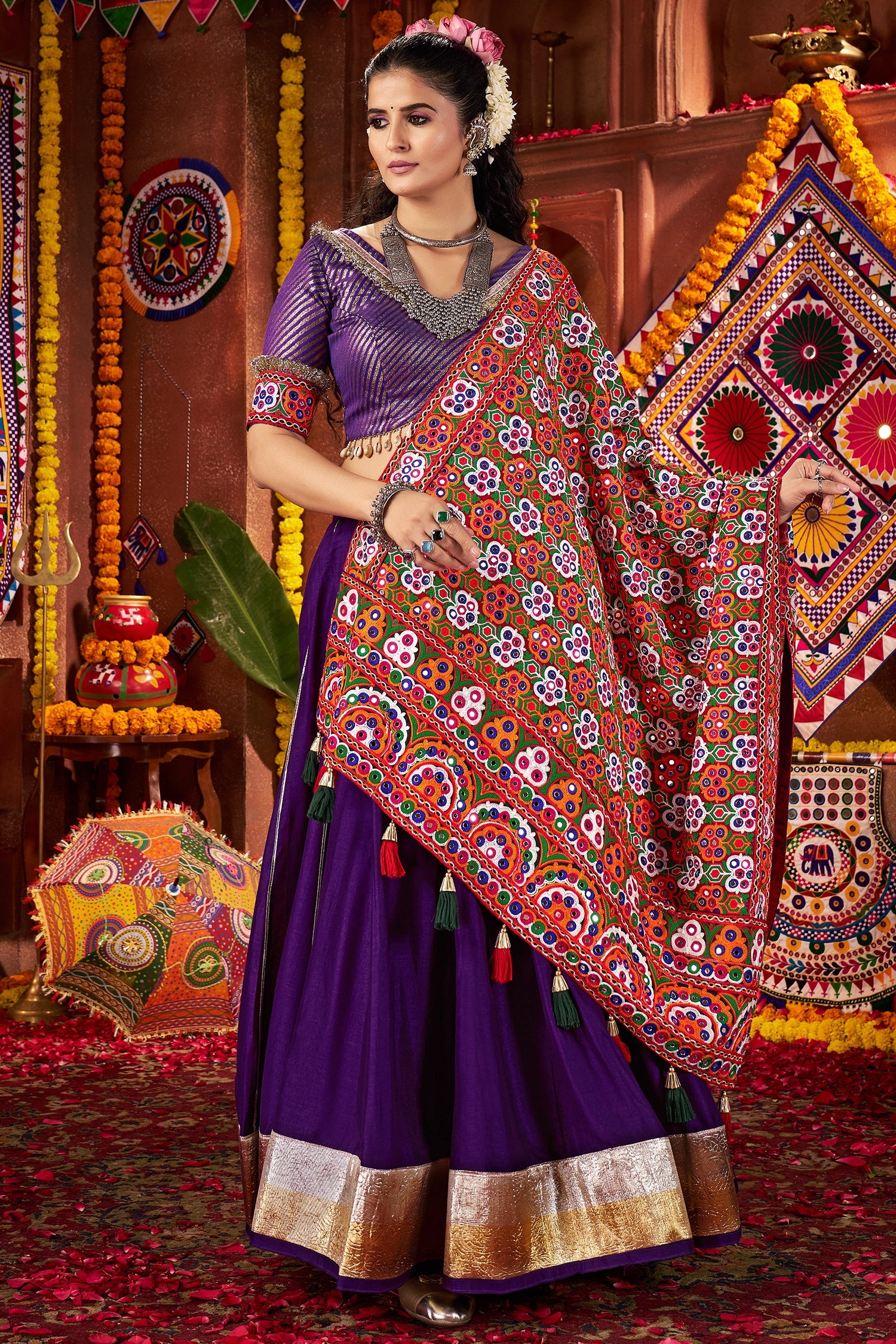 Purple Silk Flared Chaniya with Kachchi Worked Dupatta